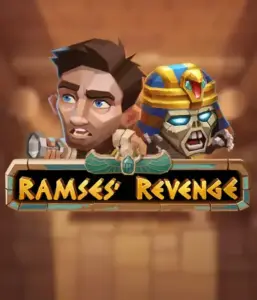 Explore the thrilling world of the Ramses' Revenge game by Relax Gaming, showcasing a surprised explorer and a fierce mummy amid an Egyptian tomb backdrop. This image portrays the drama of Egyptian archaeology, ideal for fans of Egyptian-themed slots, providing a gripping escape. 